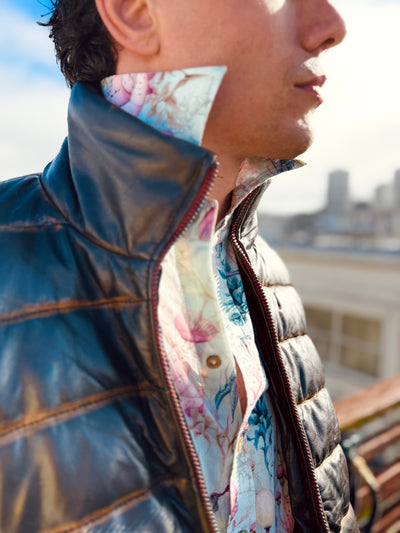 Black Lambskin Distressed Leather Puffer