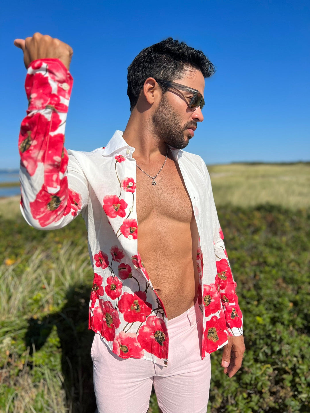 Seaplane Bright Red Border LS – Lightweight Cotton Shirt