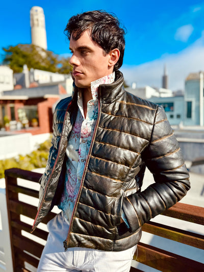 Black Lambskin Distressed Leather Puffer