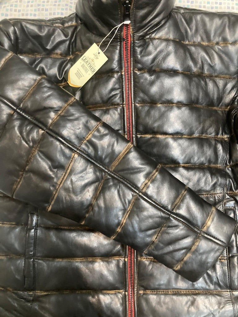 Black Lambskin Distressed Leather Puffer