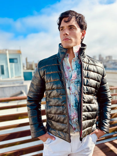 Black Lambskin Distressed Leather Puffer