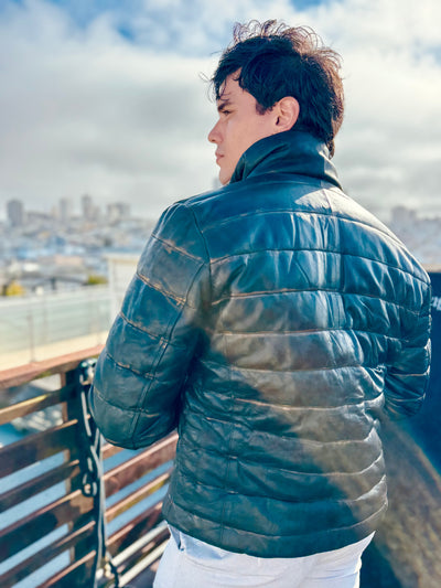Black Lambskin Distressed Leather Puffer