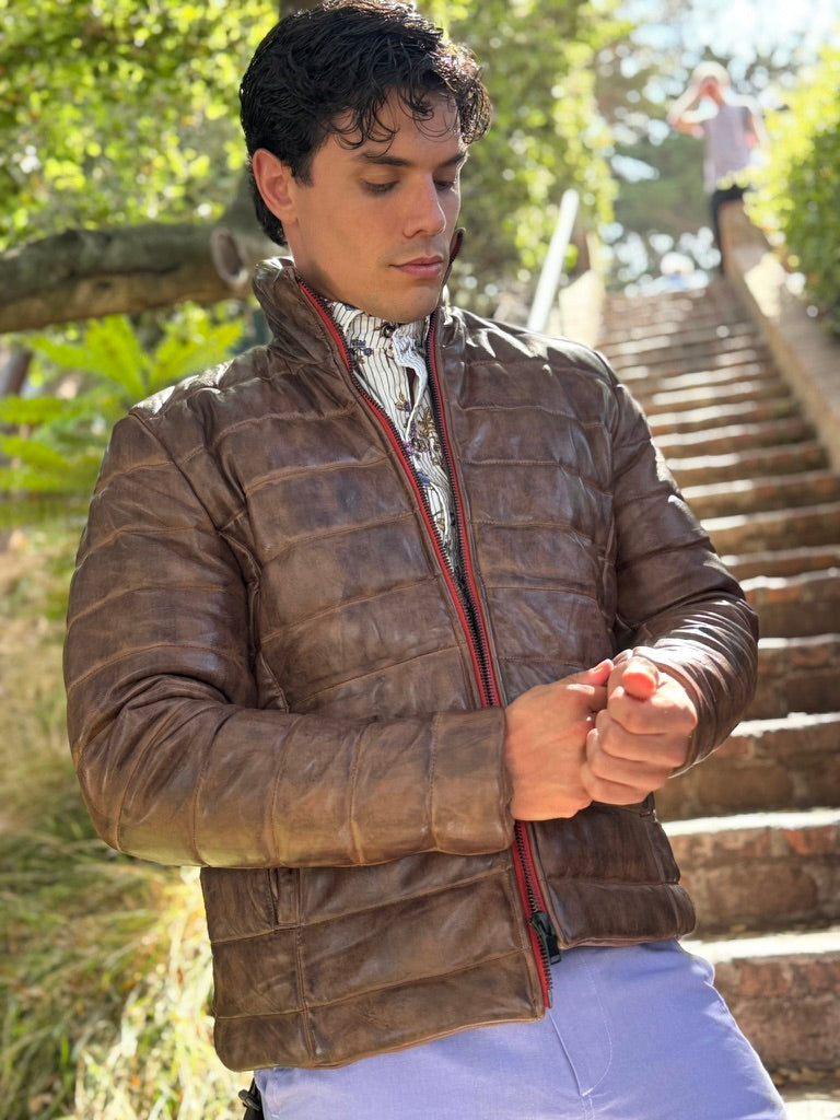 Brown Lambskin Distressed Leather Puffer