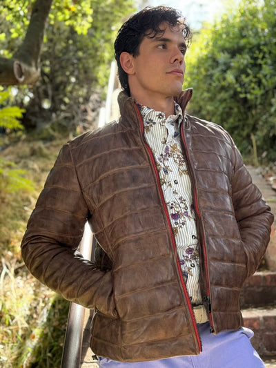 Brown Lambskin Distressed Leather Puffer