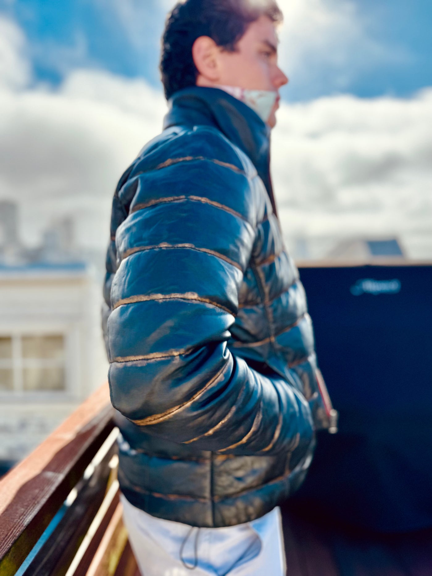 Black Lambskin Distressed Leather Puffer