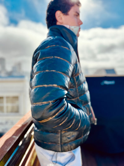 Black Lambskin Distressed Leather Puffer