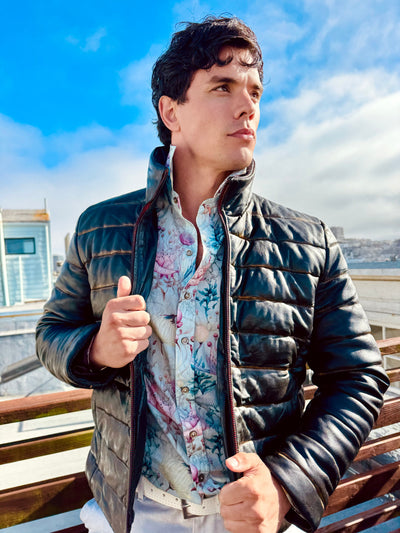 Black Lambskin Distressed Leather Puffer
