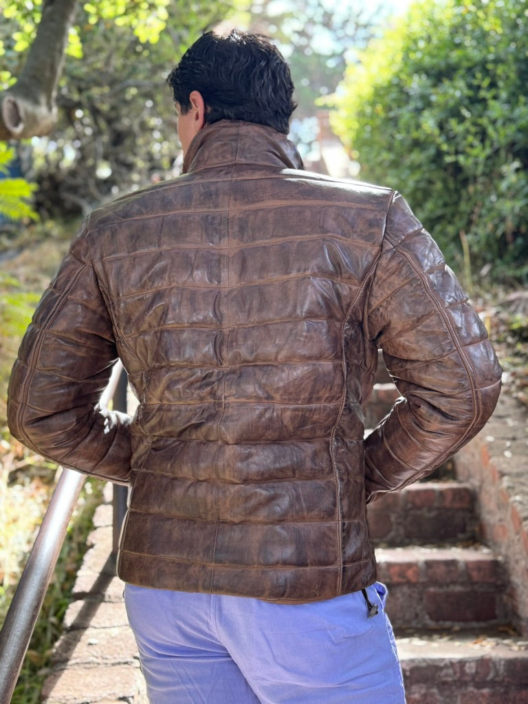 Brown Lambskin Distressed Leather Puffer