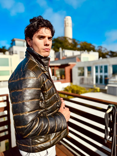 Black Lambskin Distressed Leather Puffer