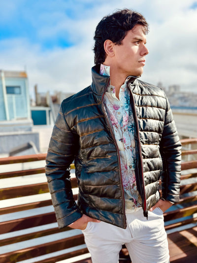 Black Lambskin Distressed Leather Puffer