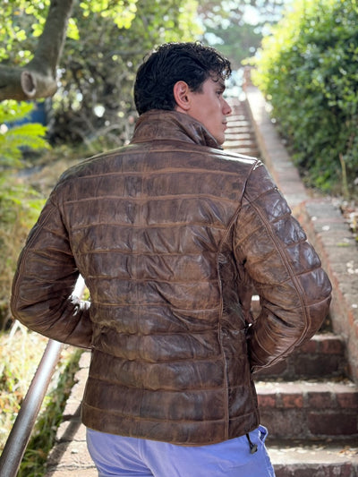 Brown Lambskin Distressed Leather Puffer