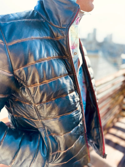 Black Lambskin Distressed Leather Puffer