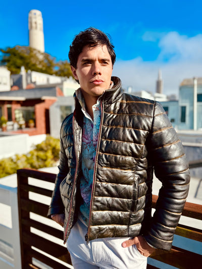 Black Lambskin Distressed Leather Puffer