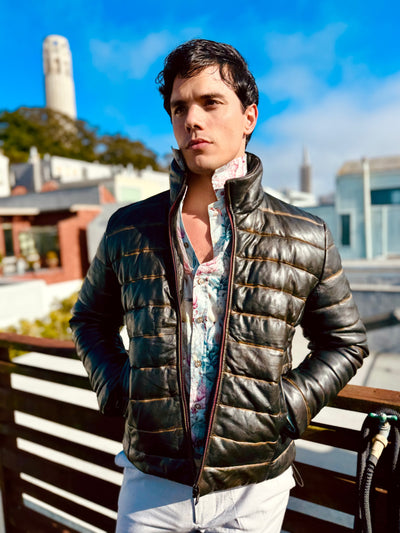 Black Lambskin Distressed Leather Puffer