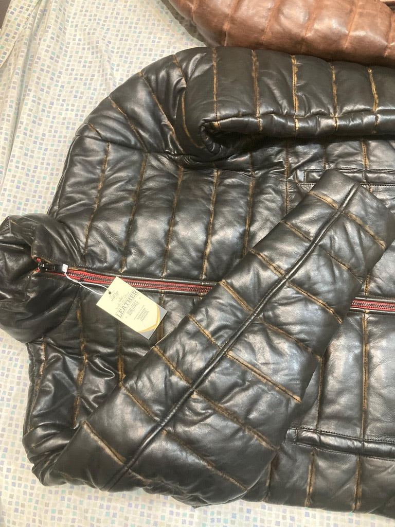 Black Lambskin Distressed Leather Puffer