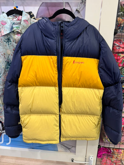 Cotopaxi Men's Puffer Parka, Navy and Yellow, size XL