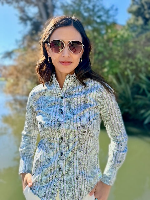 glittery green blouse LS