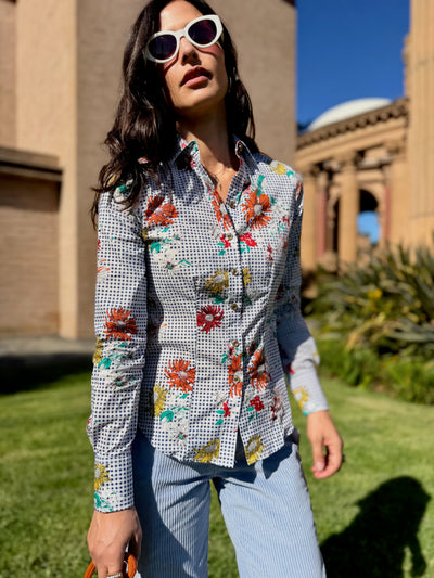 daisy picnic blue blouse LS