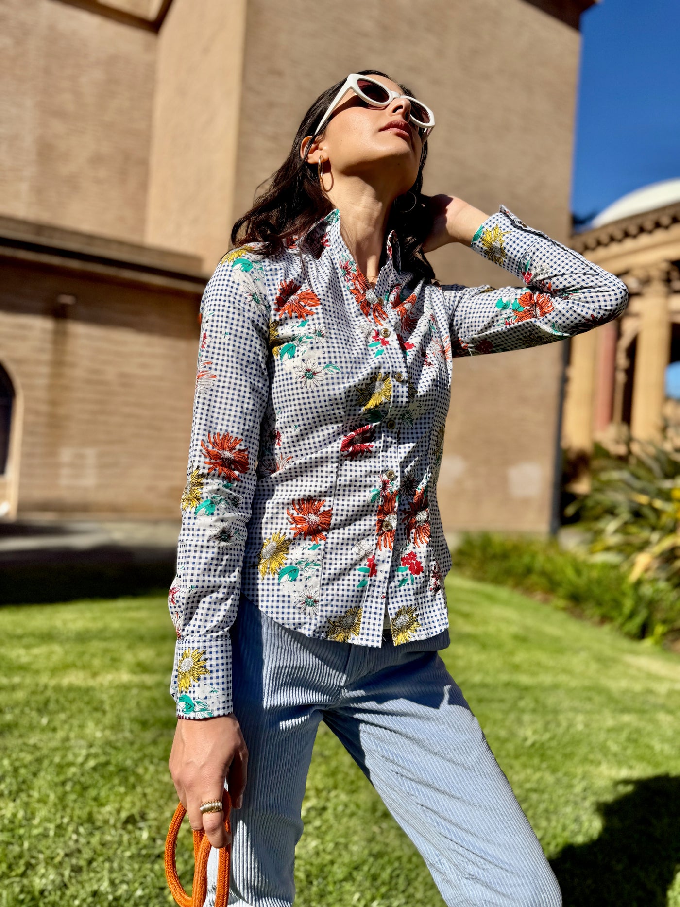 daisy picnic blue blouse LS