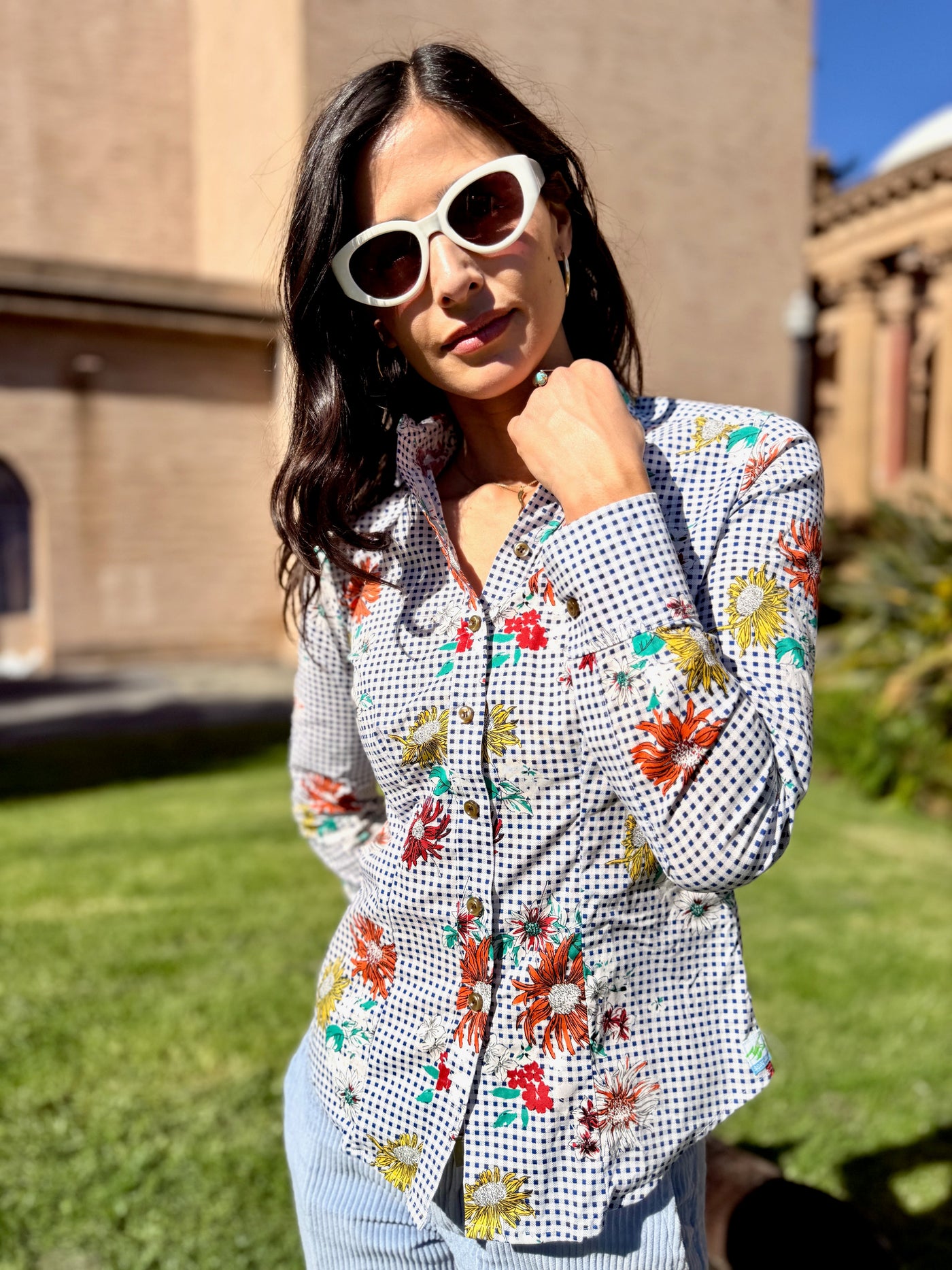 daisy picnic blue blouse LS