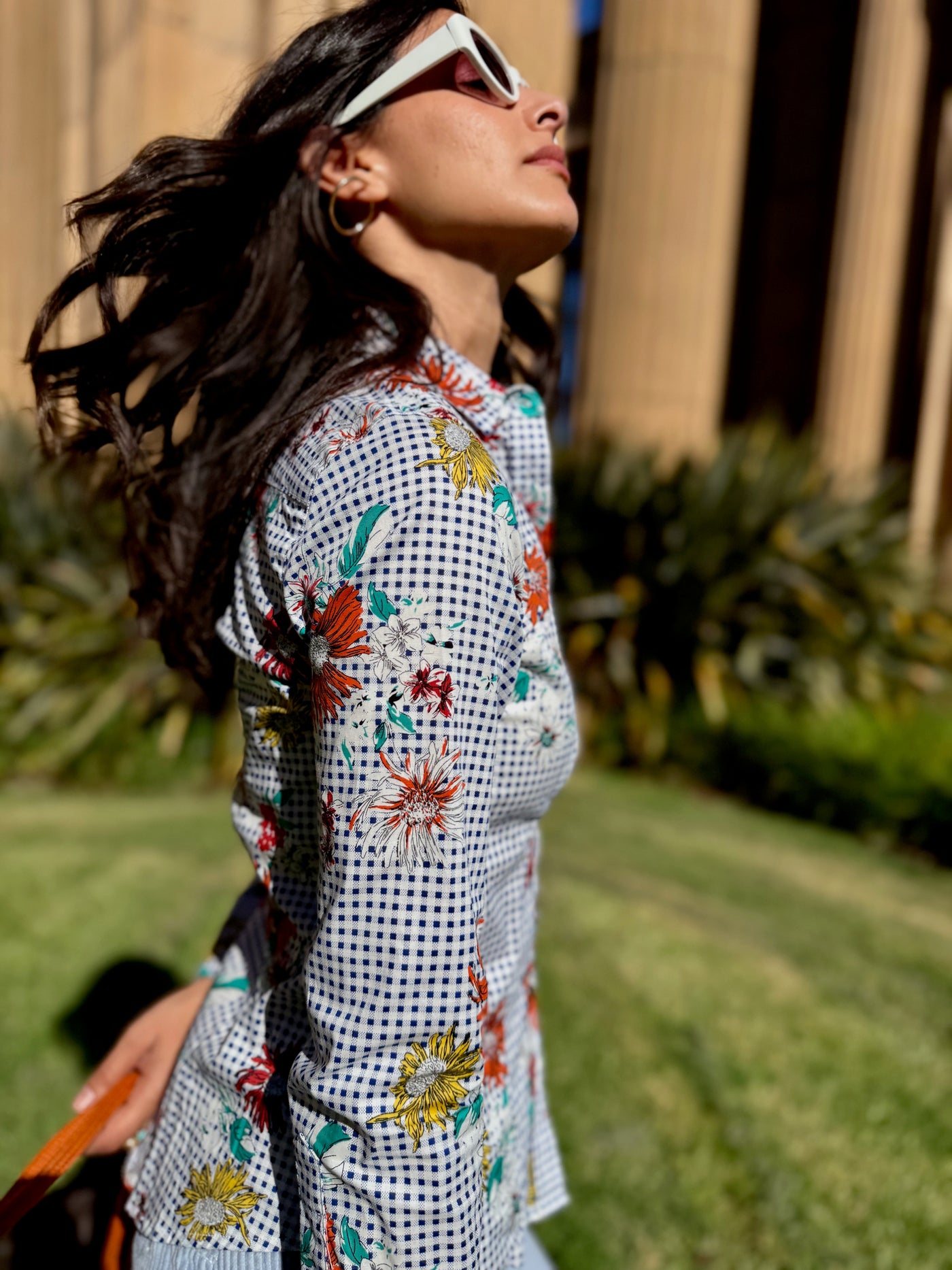 daisy picnic blue blouse LS