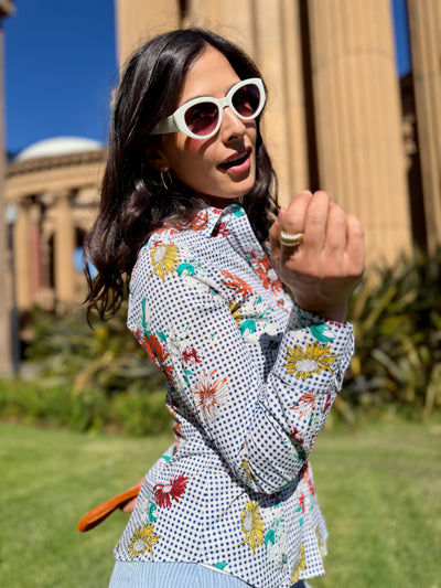 daisy picnic blue blouse LS