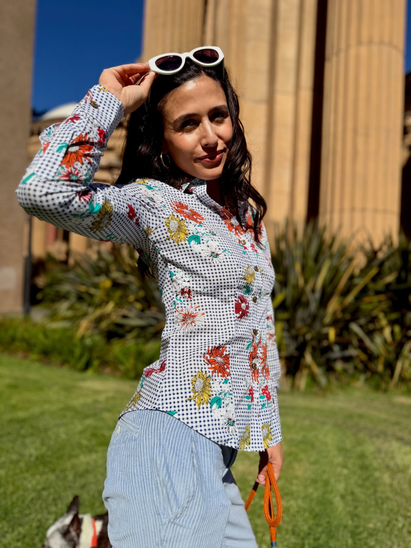 daisy picnic blue blouse LS