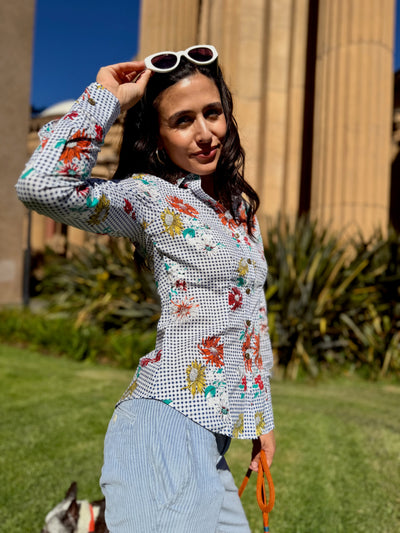 daisy picnic blue blouse LS