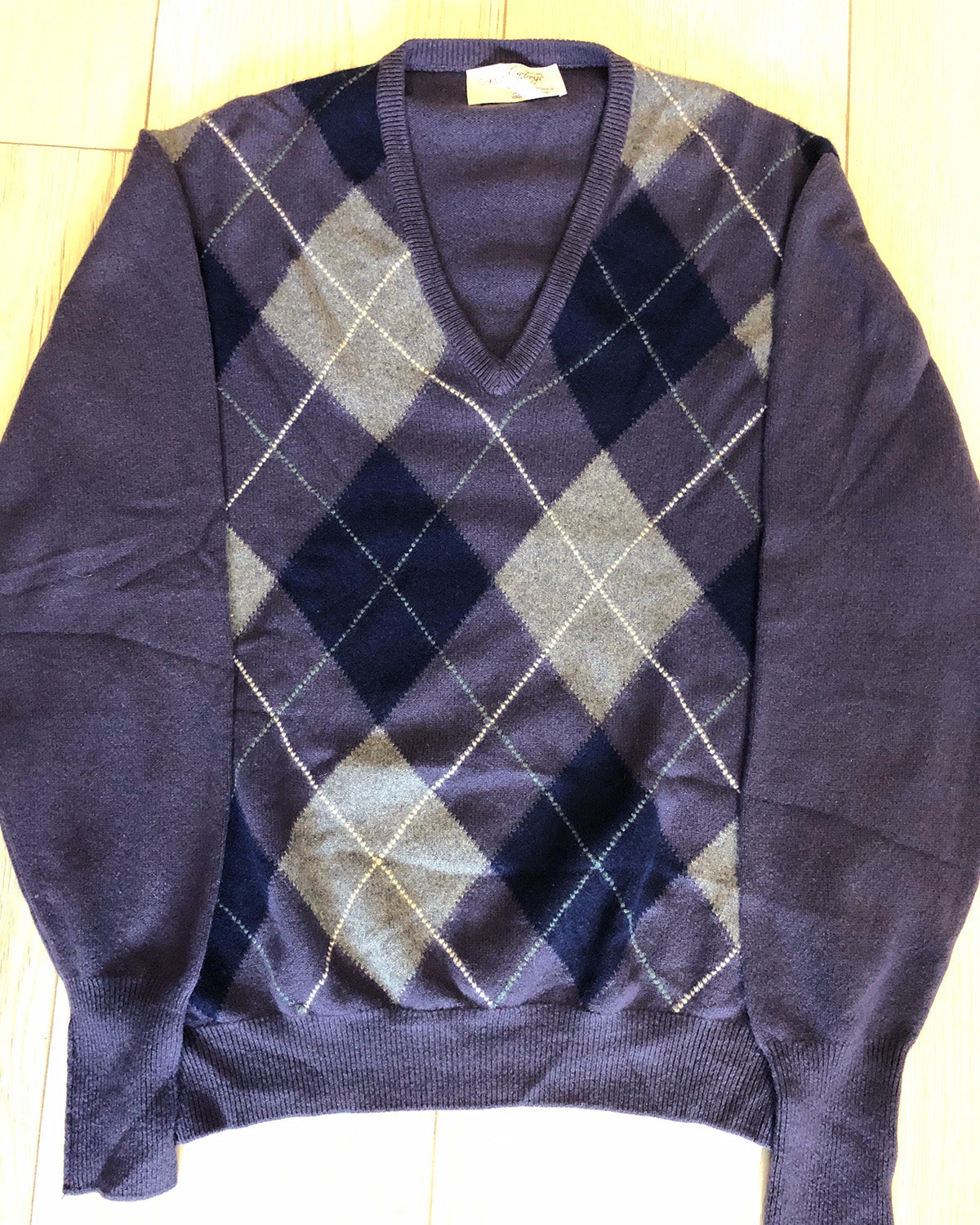 Purple Navy Gray Argyle 100% Cashmere V-Neck Sweater by McGeorge