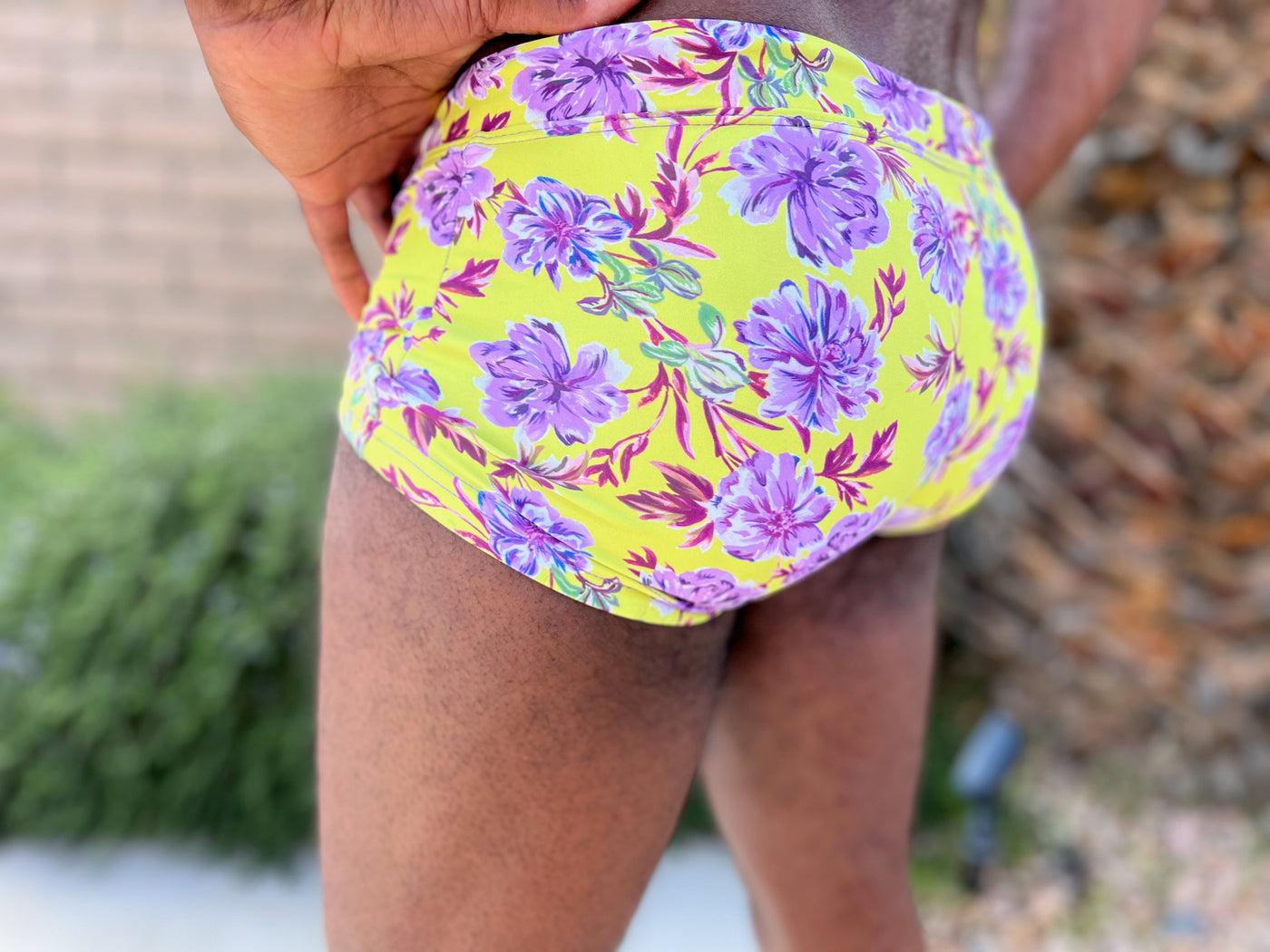 puce peonies swim trunk