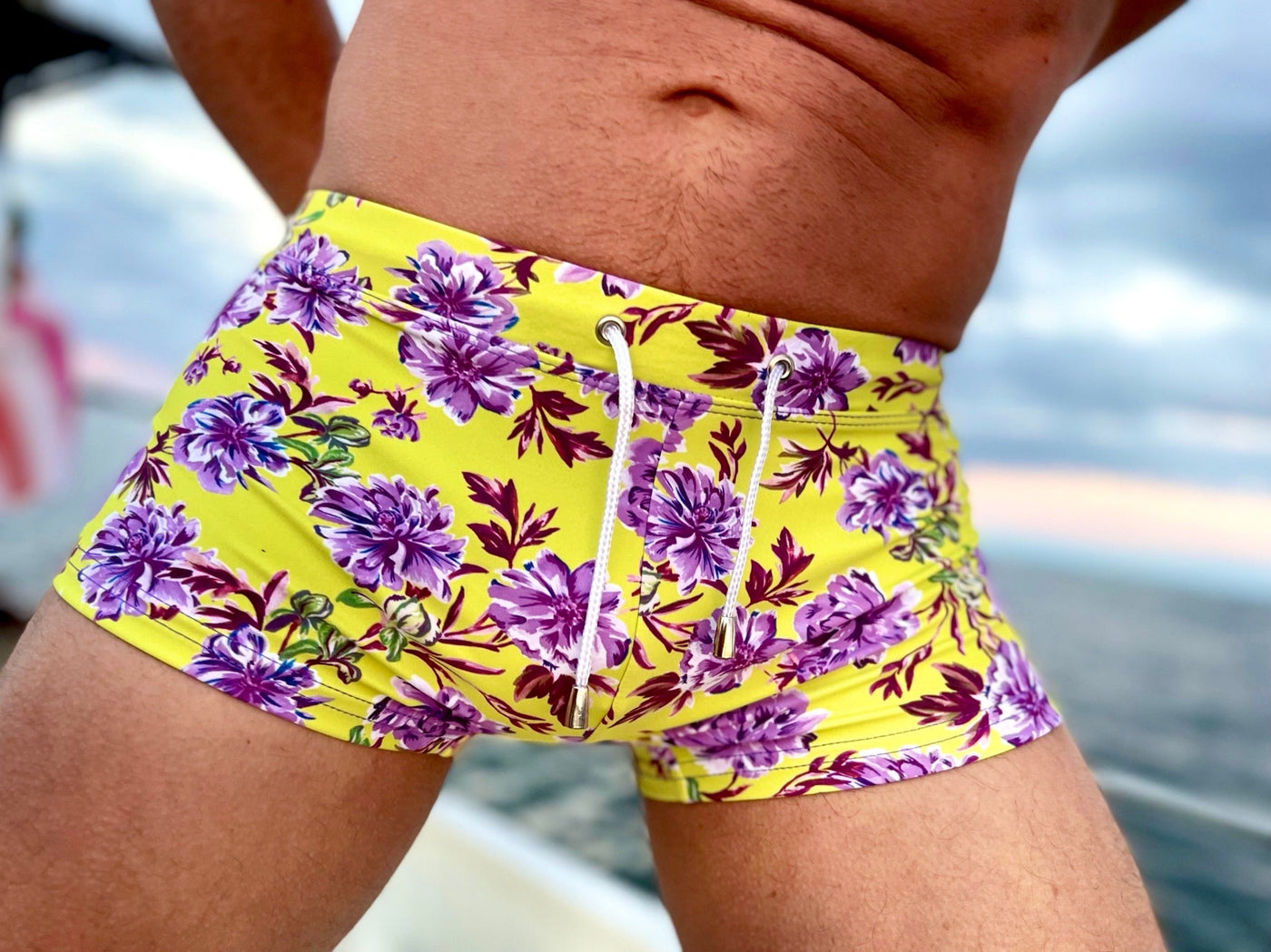 puce peonies swim trunk