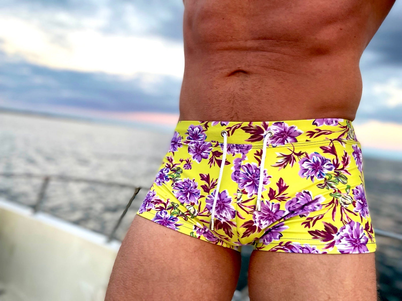 puce peonies swim trunk