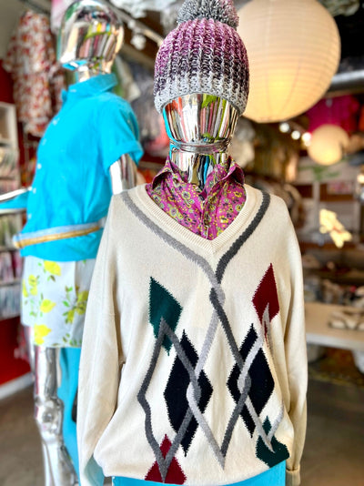 Clark & Gregory Cream Diamonds 100% Hawick Scottish Cashmere Sweater (XL)
