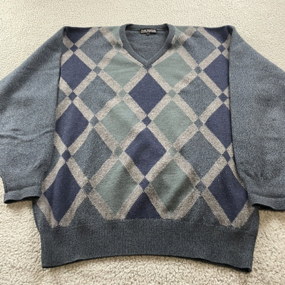 Clan Douglas 100% Cashmere Sweater Blue Intarsia Made in Scotland XL