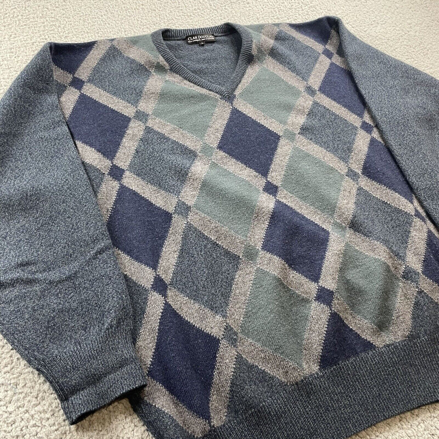 Clan Douglas 100% Cashmere Sweater Blue Intarsia Made in Scotland XL